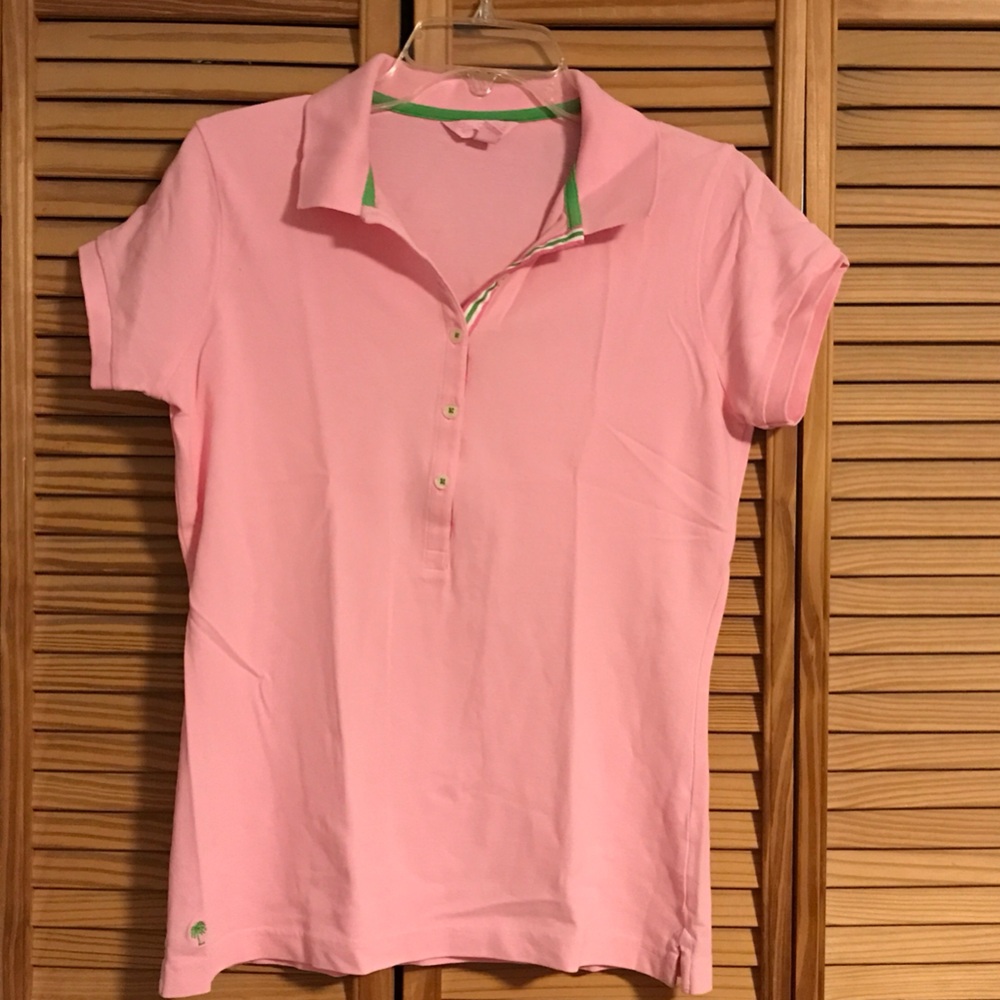 Lilly Pulitzer Pink Polo Shirt with Green Accents Sz Lg EUC